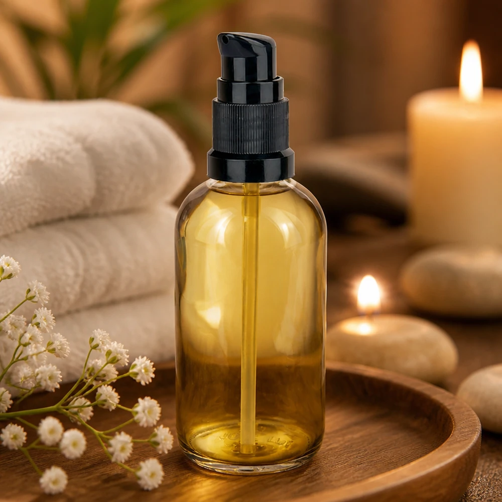 Bärnstensfärgad glasflaska på 100 ml med svart doseringspump, massageolja, ljus, wellness, spa