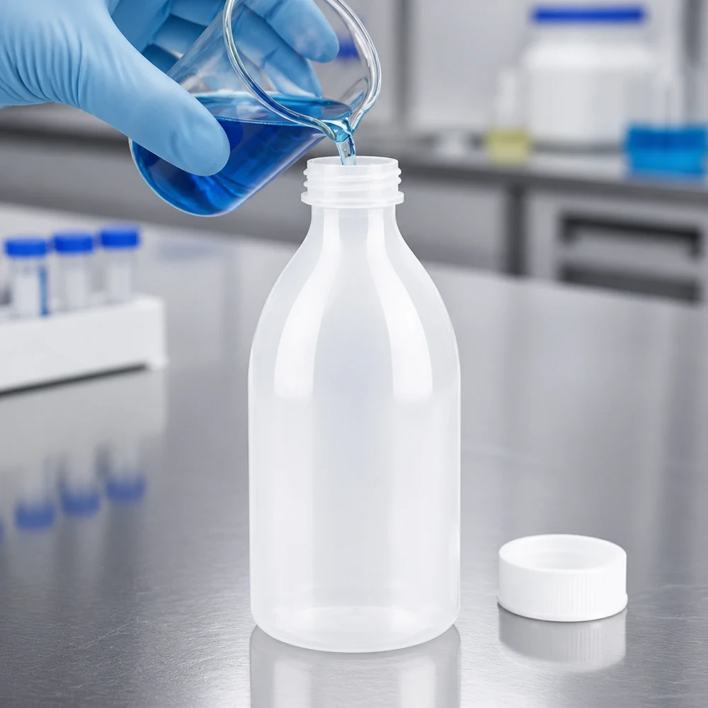 250ml skruvflaska, laboratorieflaska med smal hals Den blå vätskan hälls i en 250 ml skruvflaska med smal hals tillverkad av LDPE