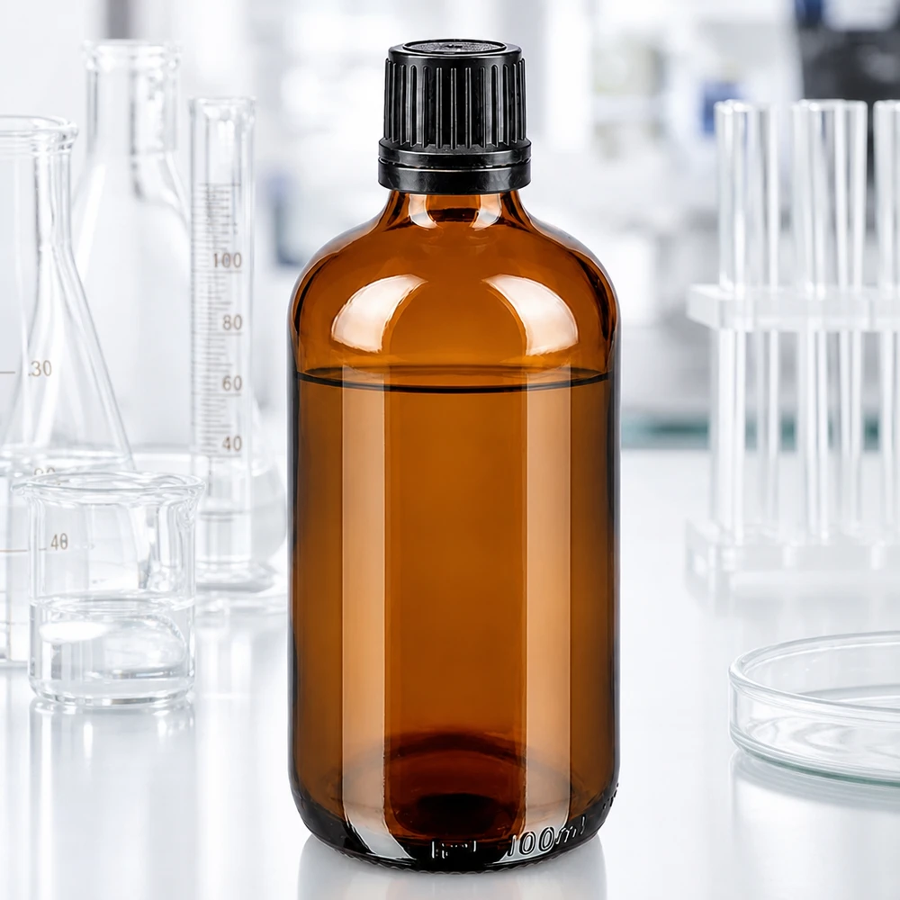 Apoteksflaska brun 100ml skruvlock svart hällring tamper evident stängning 100 ml brun glasflaska med OV-lock (8 mm) i laboratoriet, mellan Erlenmeyer-kolvar och provrör