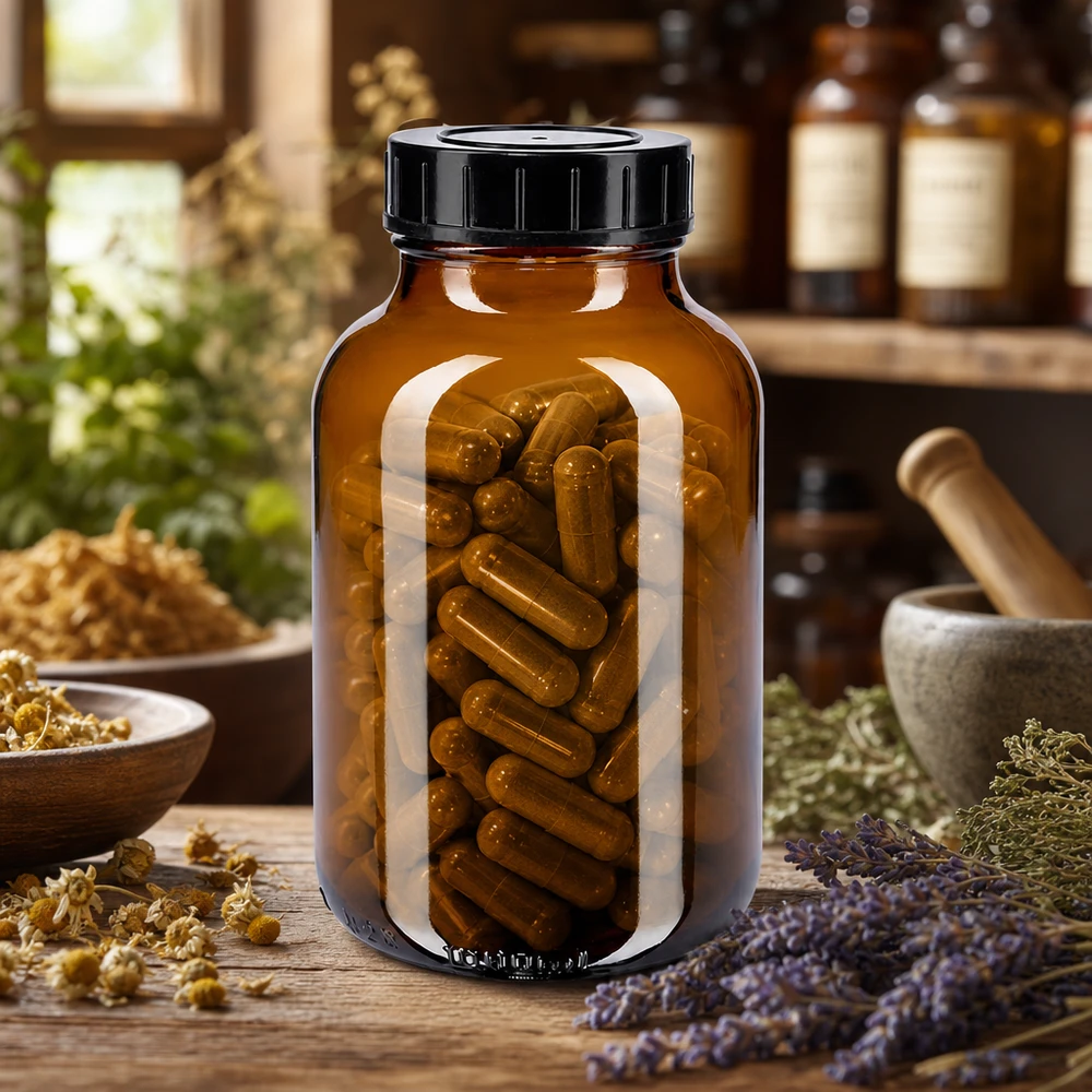 Brun 1000 ml bredhalsad flaska med skruvlock för kapslar och farmaceutiska produkter