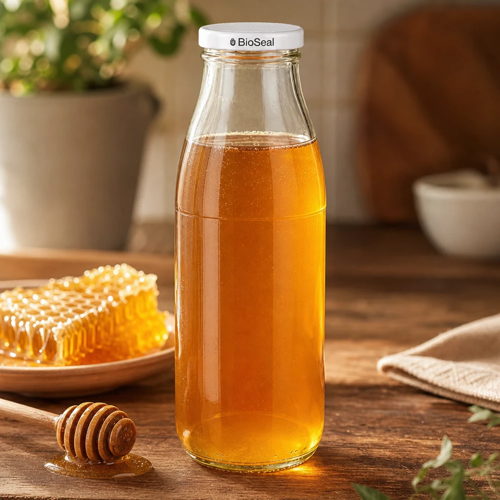 500 ml glasflaska fylld med honung, vitt BioSeal-lock, bredvid honungskaka och honungssked på träbord