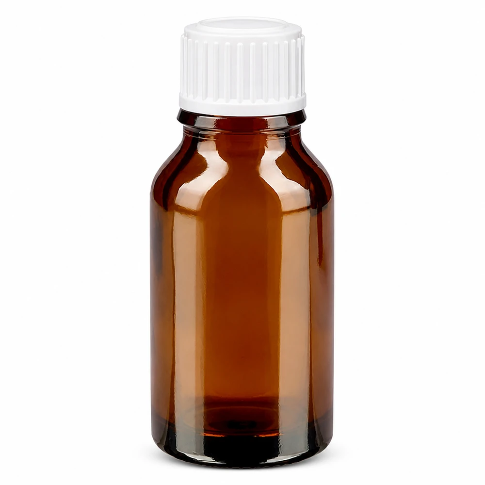 Apoteksflaska brun 15ml droppflaska vit 0,8mm standard Brun apoteksflaska, 15 ml, med vit droppkork, 0,8 mm, av brunt glas