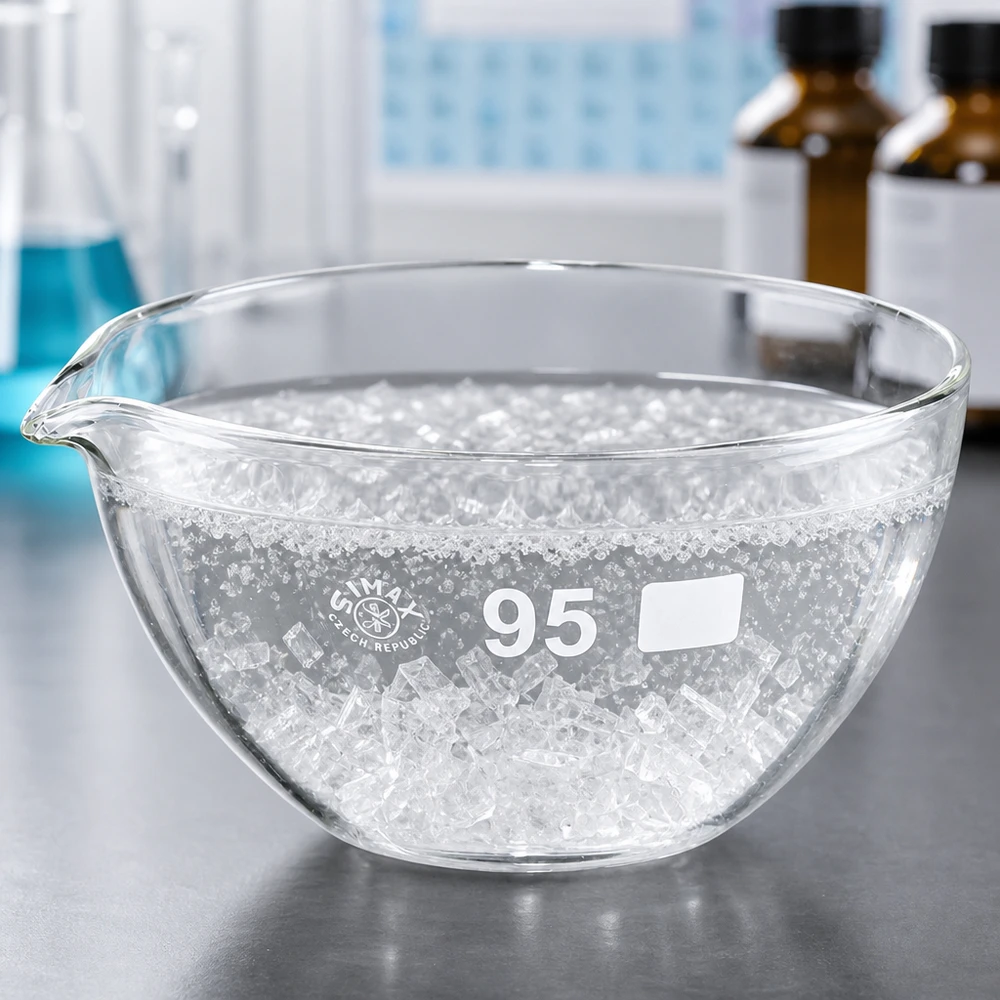 170ml indunstningsskål med pip av borosilikat ø95mm Indunstningsskål i borosilikat med 95 mm diameter och pip för exakt arbete i laboratoriet