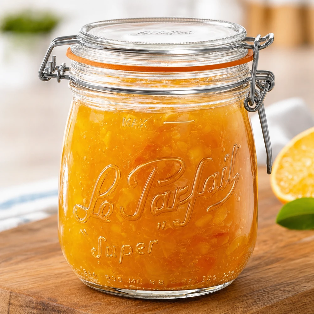 Le Parfait® burk 750 ml Ø85 mm förvaring 750 ml Le Parfait Super förvaringsburk med svängbar topp fylld med apelsinmarmelad på träskiva
