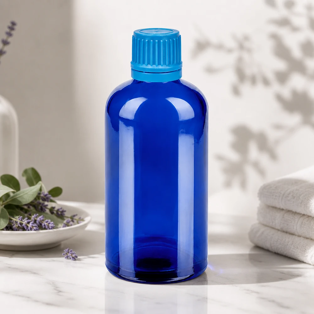 100 ml BlueLine-glasflaska med UV-skydd tack vare blå färg för ljuskänsliga ämnen