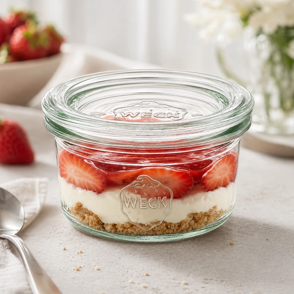50ml Krossade glasögon med glaslock WECK RR60 WECK drinkglas 50ml RR60 med lagrad dessert av jordgubbar och grädde som elegant portionering på en vit bänkskiva