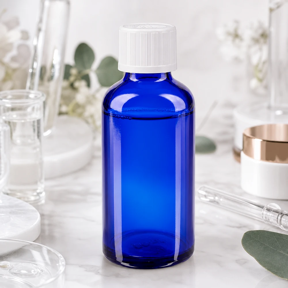 Apoteksflaska blå 50ml skruvkork vit barnsäker standard Koboltblå 50 ml apotekarflaska med vitt barnsäkert lock i laboratoriemiljö