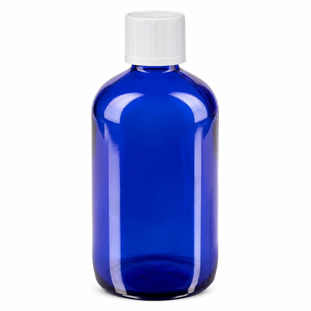 Apoteksflaska blå 100ml droppflaska vit barnskyddande standard 100 ml blå apoteksflaska i glas med vitt barnsäkert lock och 1,2 mm droppinsats