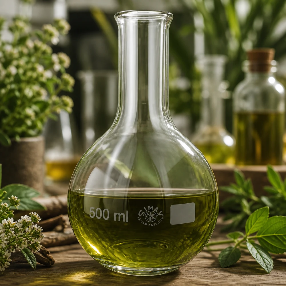 Stående kolv 500ml smal hals Rundkolv 500 ml med smal hals och grön substans för botaniska extrakt och destillering