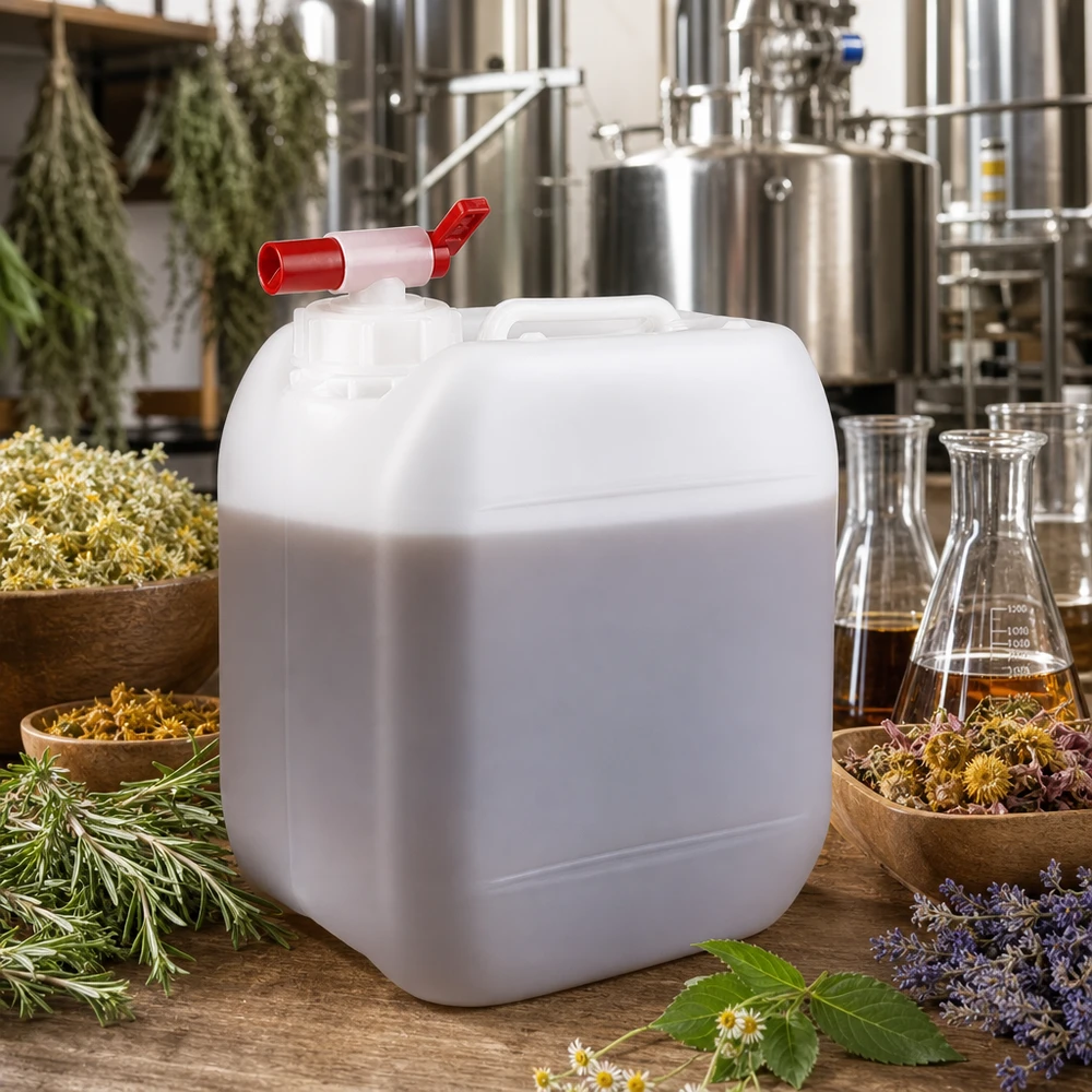 Dunk 5 liter med avtappningskran Vit plastdunk på 5 liter med röd tappkran, omgiven av torkade örter och blommor