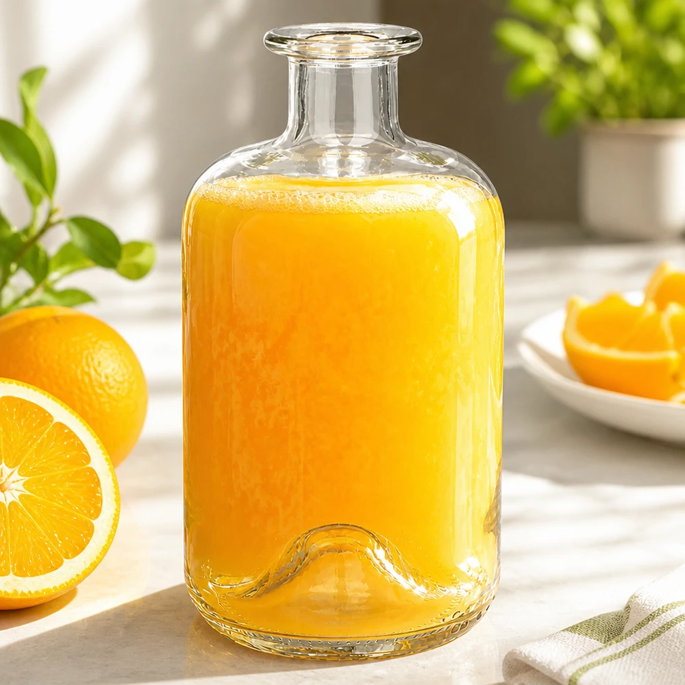 500 ml Luna-glasflaska fylld med färsk apelsinjuice bredvid apelsinskivor som en juicekaraff i en köksmiljö