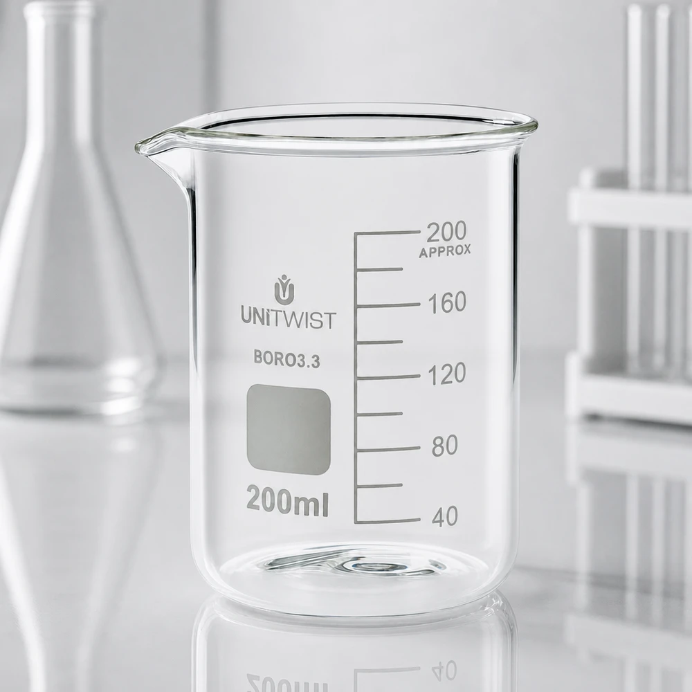 Bägare 200ml borosilikat, lågformad UNiTWIST UNiTWIST bägare, 200 ml, borosilikatglas, låg form med vit märkningsyta för laboratoriebruk