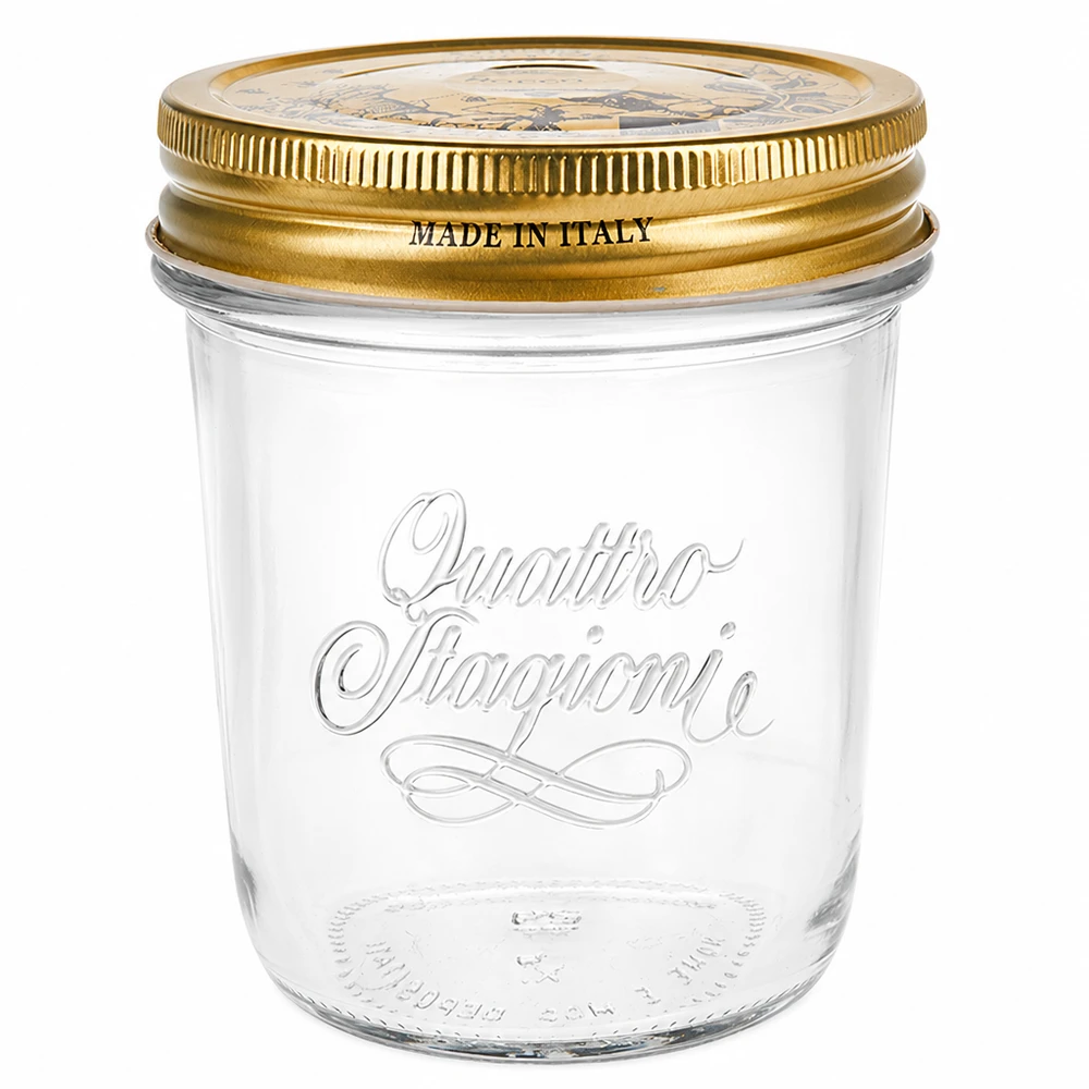 320 ml "Quattro Stagioni"-krossade glasögon med lock 320 ml Quattro Stagioni-burk med guldlock Tillverkad i Italien Konserveringsburk för sylt och konserver