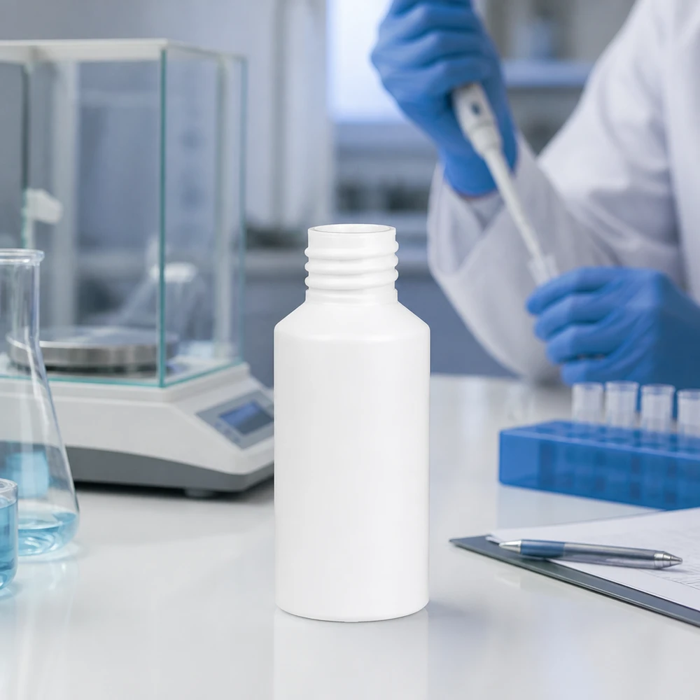 Liten HDPE-plastflaska, 50 ml, vit, utan lock, i ett laboratorium på en vit arbetsyta