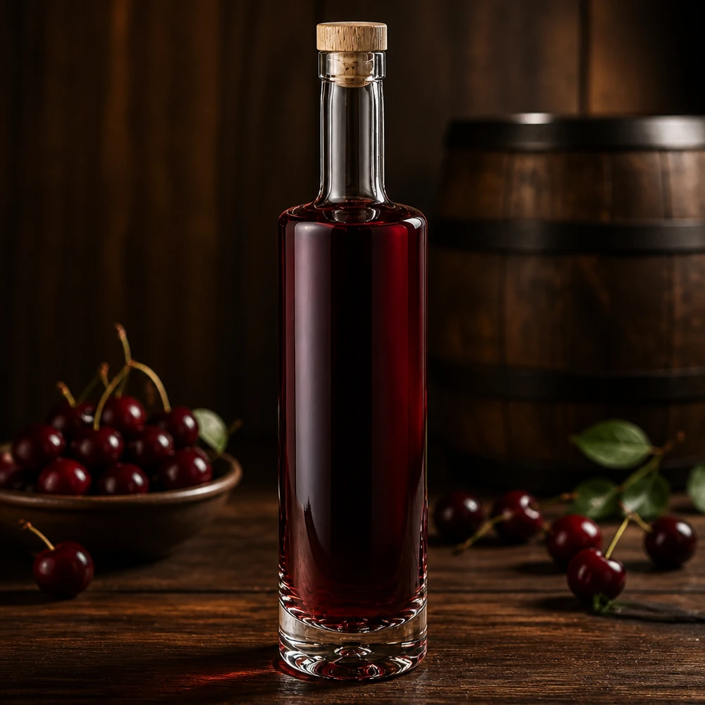 500 ml glasflaska Lina med kork med trähandtag UNiTWIST® 500 ml glasflaska Lina med träkork fylld med körsbärslikör mellan färska körsbär rustik bordsdekoration i trä