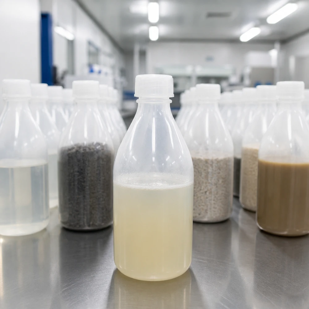 Flera 100 ml-skruvflaskor med smal hals, innehållande olika prover såsom sandgranulat och vätska, i laboratoriet