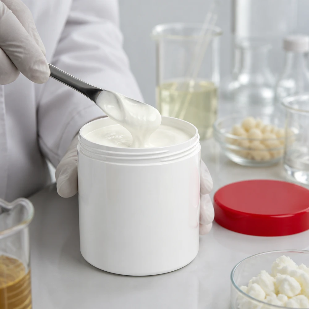 Vit plastburk på 200 g med öppet rött skruvlock och krämig fyllning