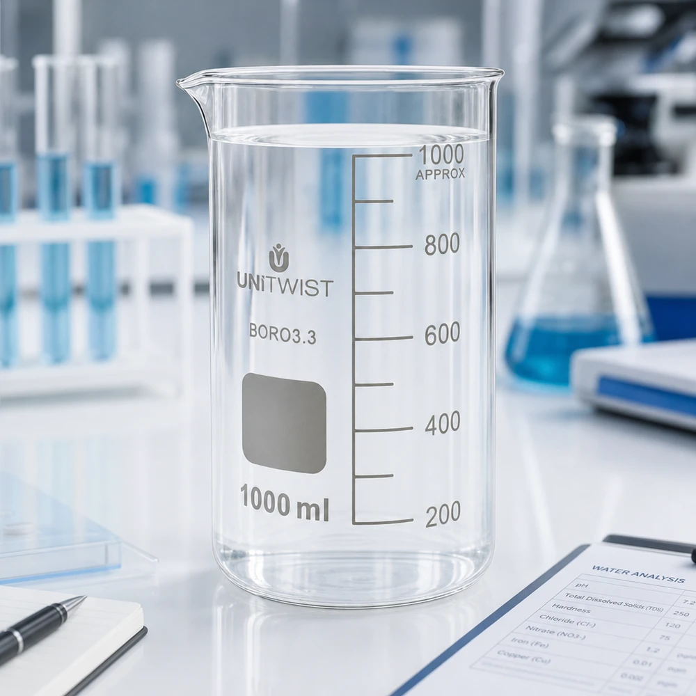Bägare 1000ml borosilikat, högformad UNiTWIST UNITWIST bägare, 1000 ml, hög modell, borosilikatglas 3.3, med klart vatten i ett professionellt laboratorium