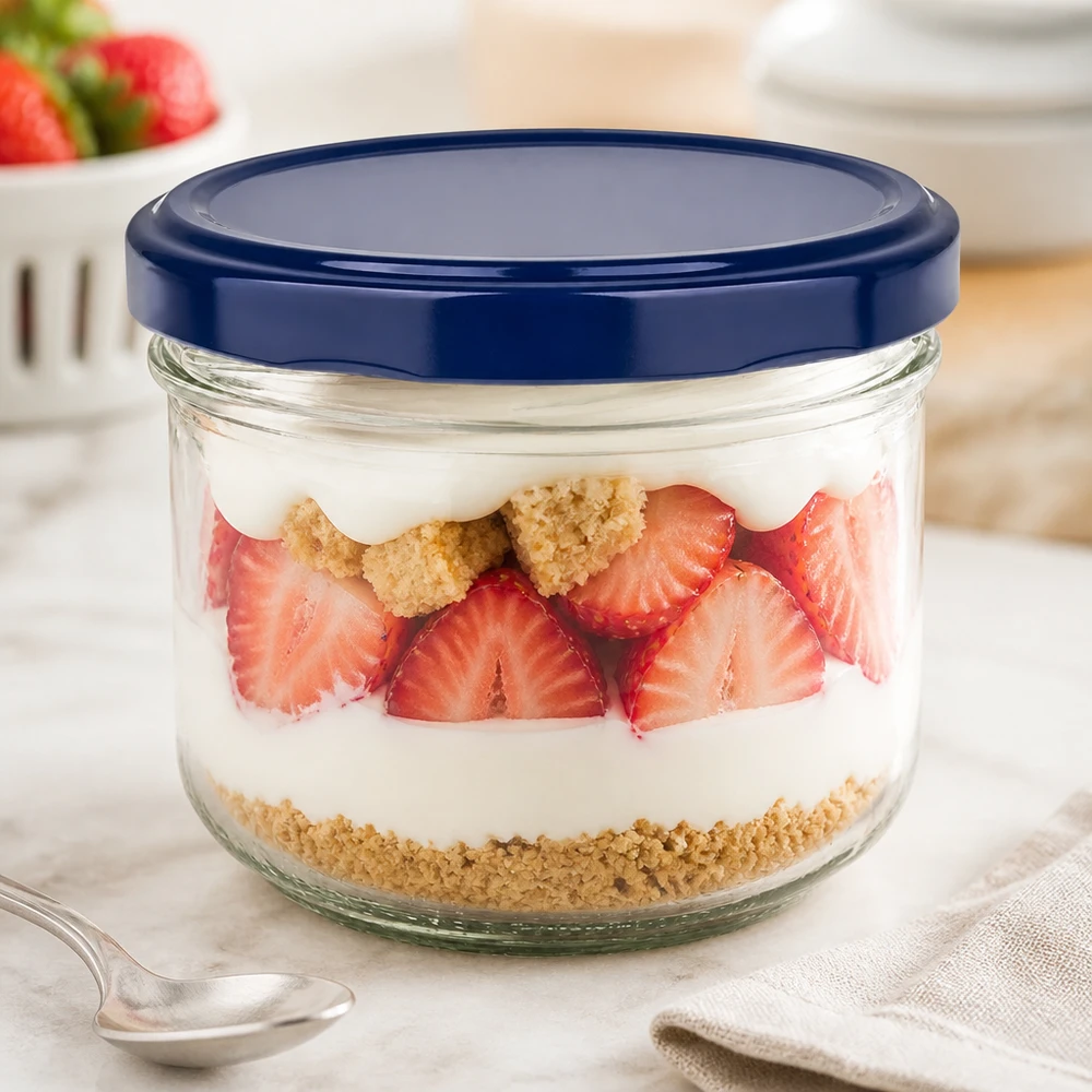 260 ml BasicSeal blåa glas med jordgubbsdessertlager - Twist-off-burk för desserter och yoghurt