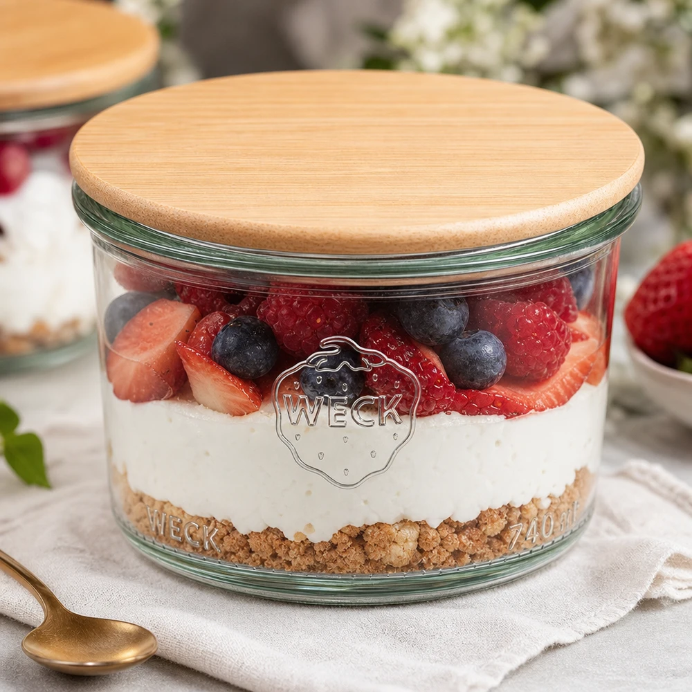 200ml Krossade glasögon WECK RR80 med trälock WECK glas 200ml RR80 trälock fyllda med skiktad dessert bär yoghurt kex bas dessert styling