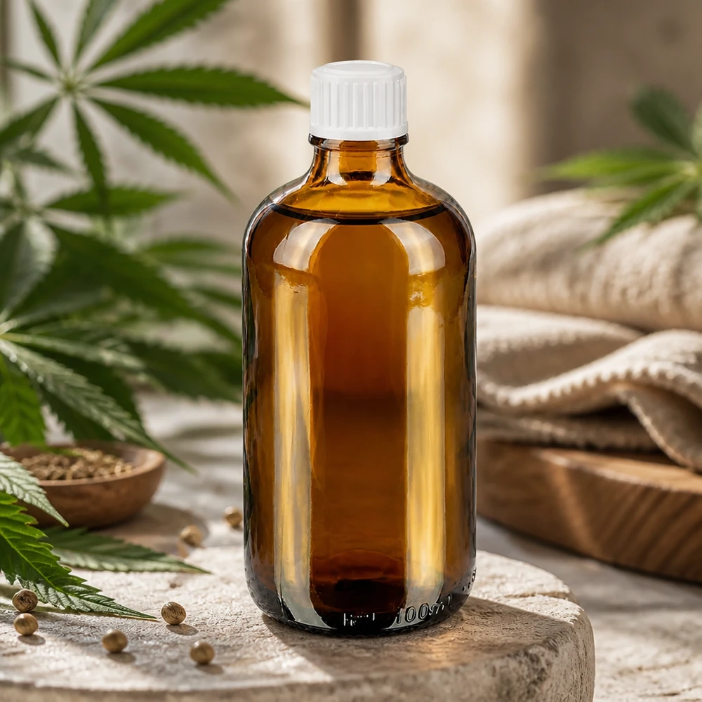 Bärnstensfärgad glasflaska på 100 ml med vit doseringskork för CBD-oljor och naturliga extrakt