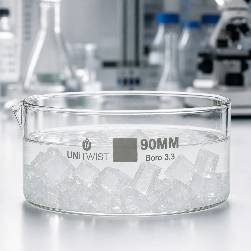 Kristallisationskärl ø90 mm, borosilikatglas UNiTWIST Platt glasskål 90 mm med isbitar för laboratoriebruk, borosilikatglas UNiTWIST Boro 3.3