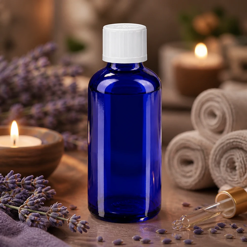 Blå glasflaska på 50 ml med vitt barnsäkert lock bland lavendelblommor och ljus