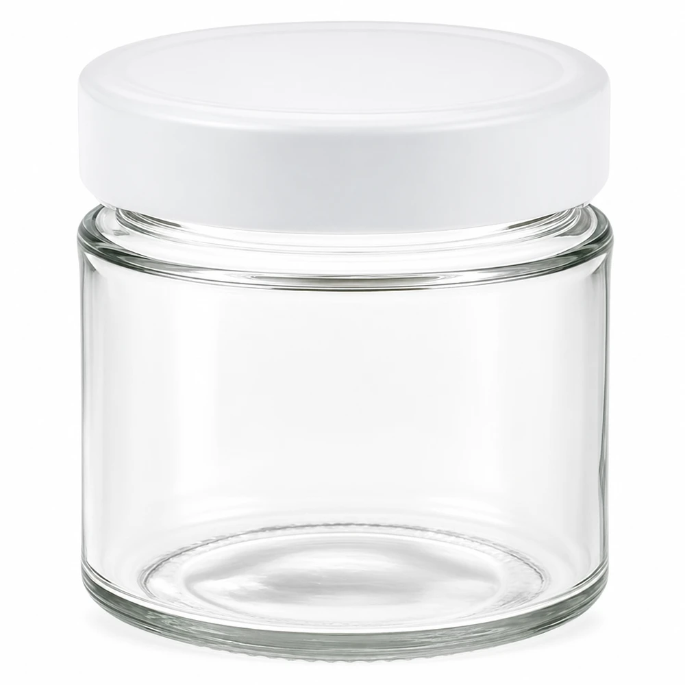 Rund burk 135 ml + lock BasicSeal vit djup UNiTWIST 135ml rund burk med vitt BasicSeal-lock transparent tom glasburk förvaring kosmetika livsmedel