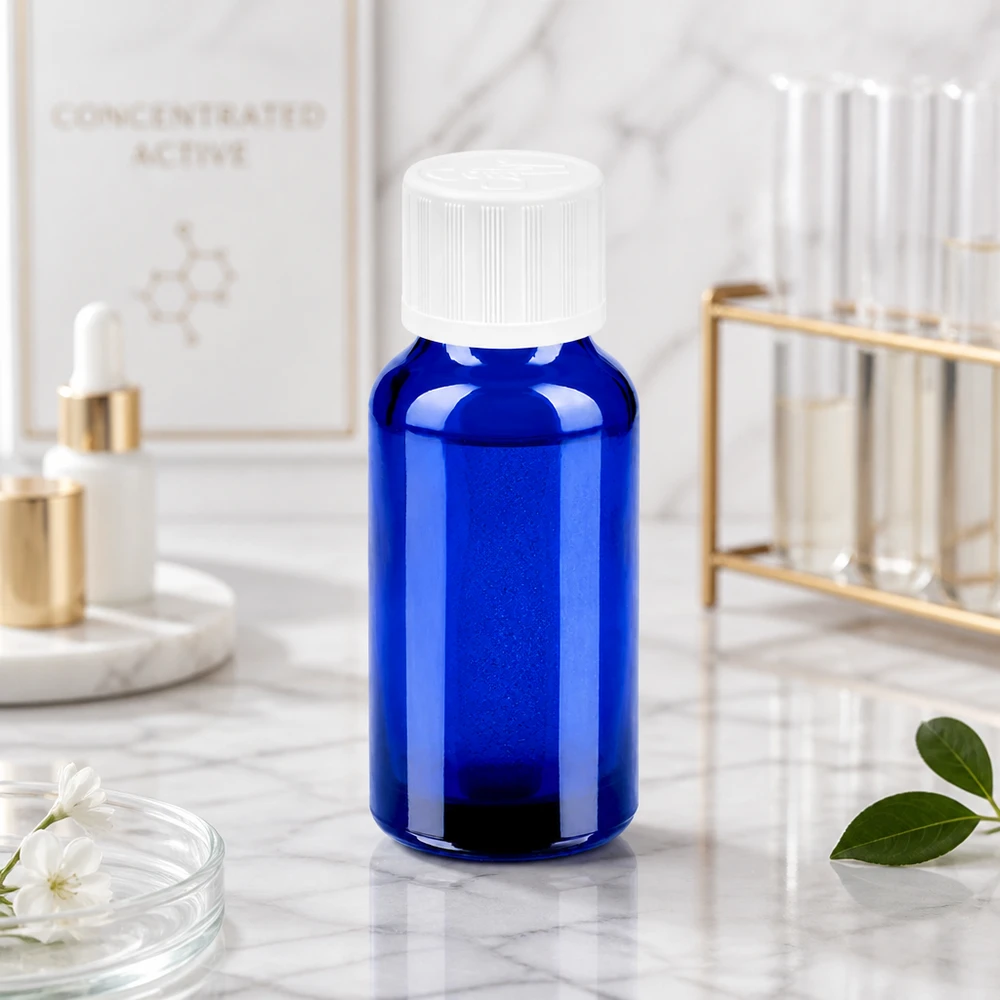 20 ml BlueLine-glasflaska med barnsäkert skruvlock, idealisk för apotek och laboratorier