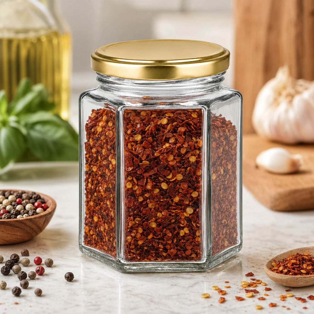 250 g honungsburk med gyllene lock BasicSeal UNiTWIST 250g honungsburk BasicSeal sexkantig fylld med chilikrydda i kryddkök mellan pepparkorn och örter