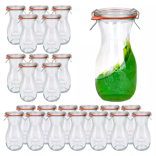 Set med 24 Weck-burkar 290 ml juiceflaska med 24 glaslock Set med 24 Weck-burkar 290 ml juiceflaska med 24 glaslock