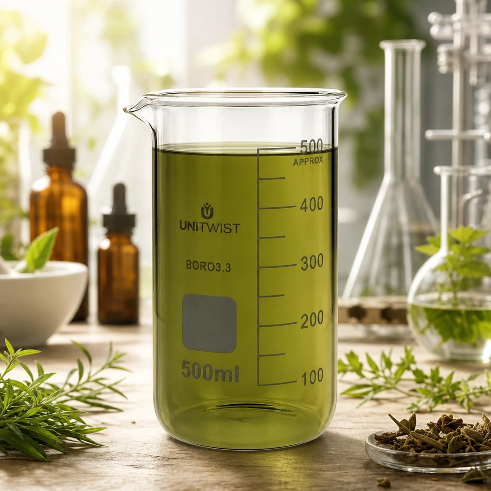 Bägare 500ml borosilikat, högformad UNiTWIST UNITWIST glasbägare, 500 ml, hög modell med grönt växtextrakt omgivet av färska örter