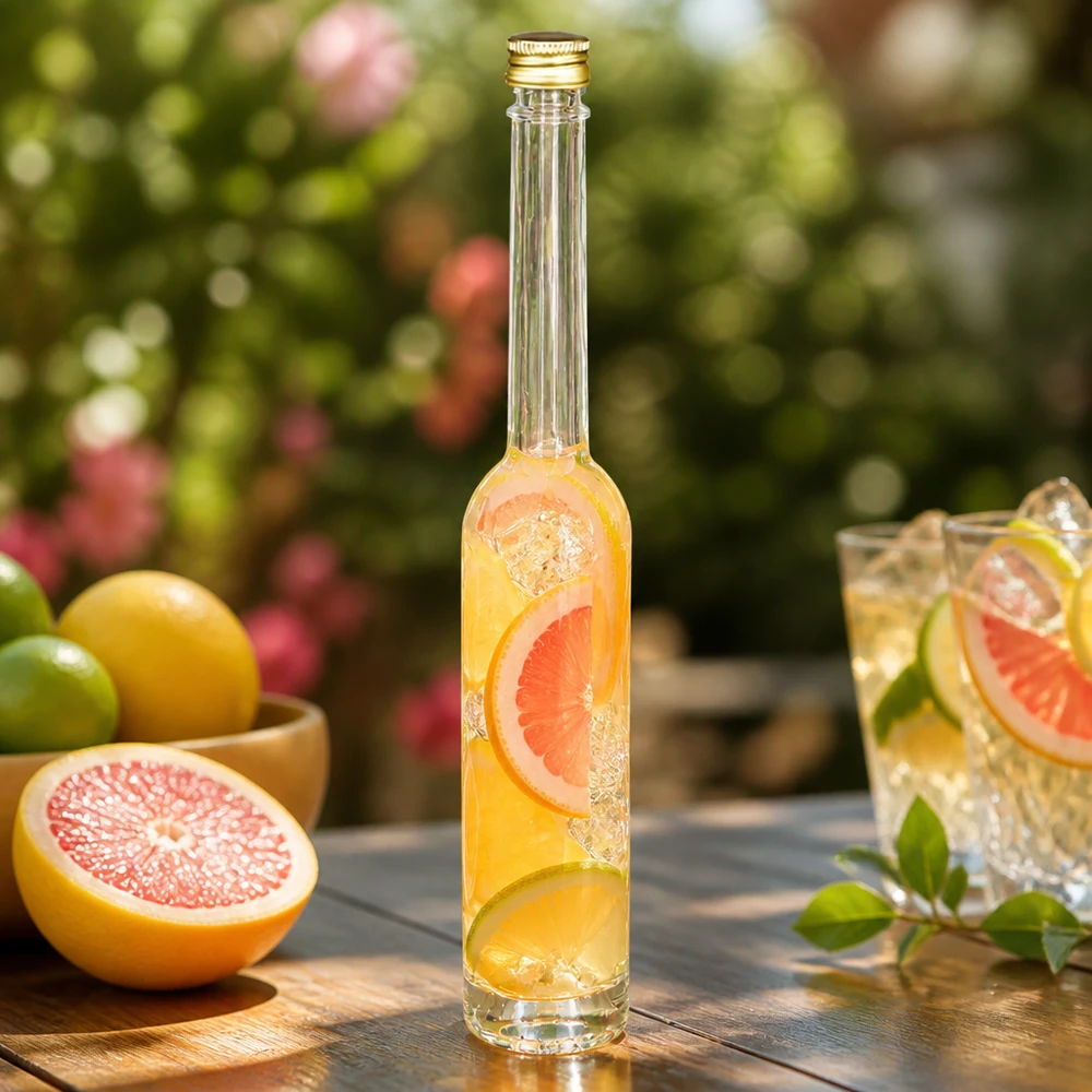 100 ml glasflaska Toni och skruvkork silver UNiTWIST® 100 ml glasflaska Toni med grapefruktdrink - UNiTWIST guldlock i en somrig trädgårdsatmosfär med citrusfrukter