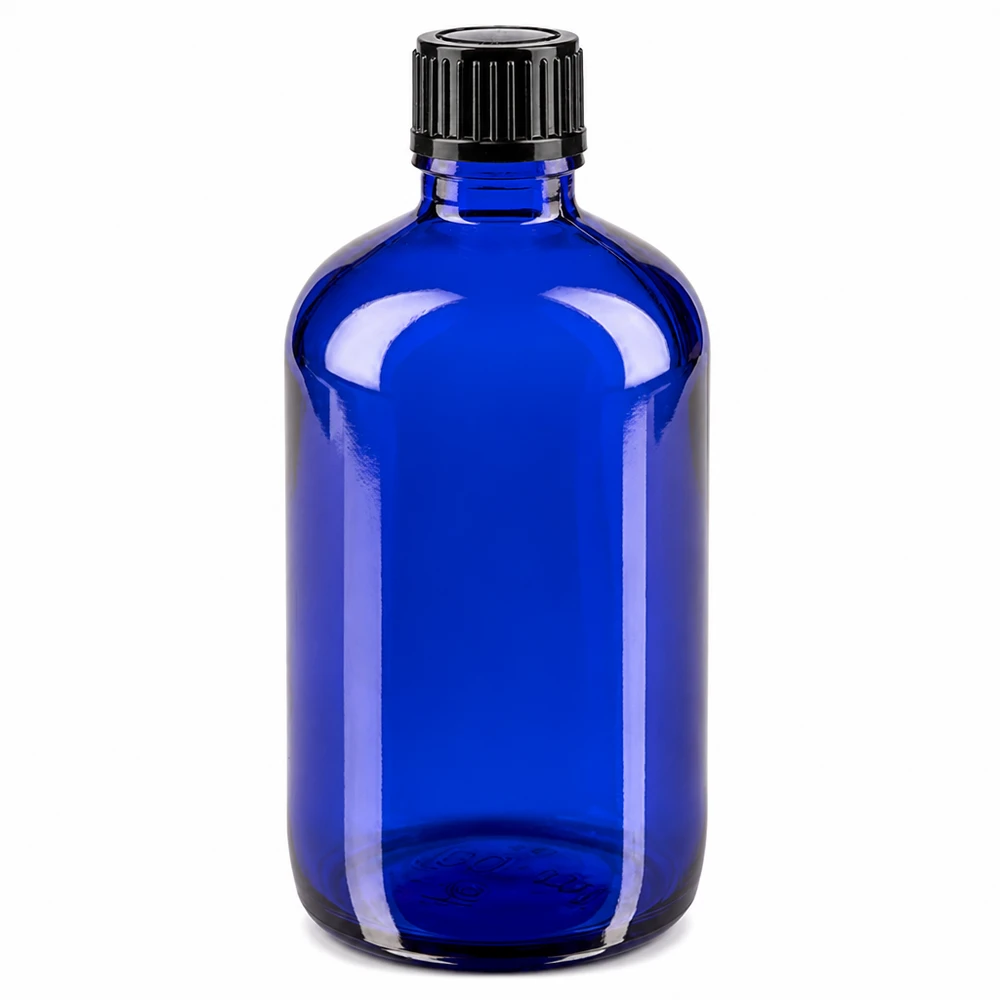100 ml blå apotekarflaska i glas med svart skruvlock, 11 mm
