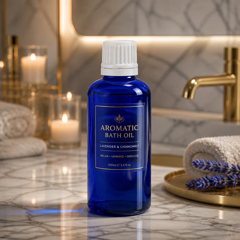 Apoteksflaska blå 50ml droppflaska 1,2mm vit barnsäker förslutning Blå glasflaska, 50 ml, med vit droppare, 0,7 mm, för badoljor och hälsoprodukter