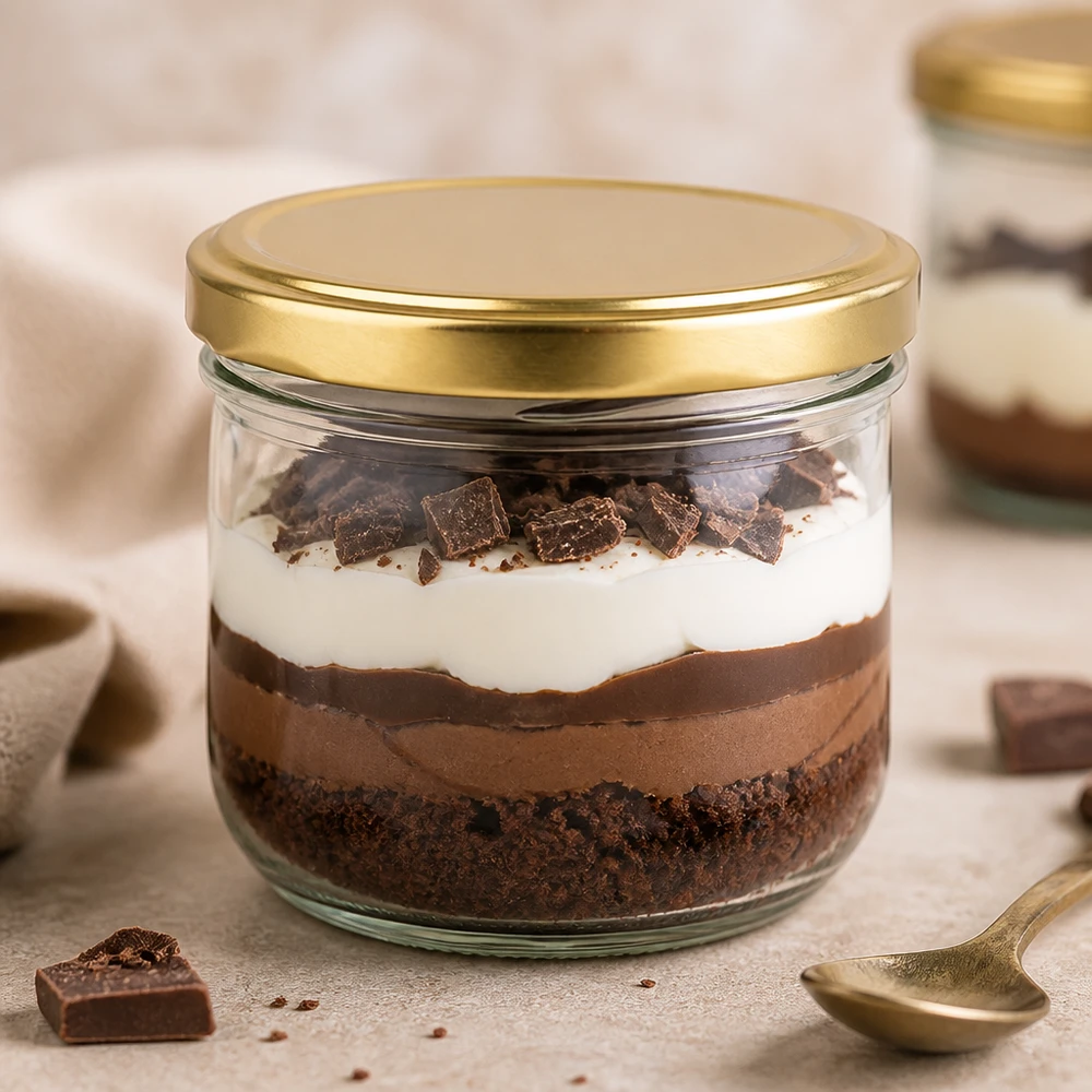 260 ml BasicSeal guld UNiTWIST-glas fyllda med chokladdessert visar att de lämpar sig för söta desserter