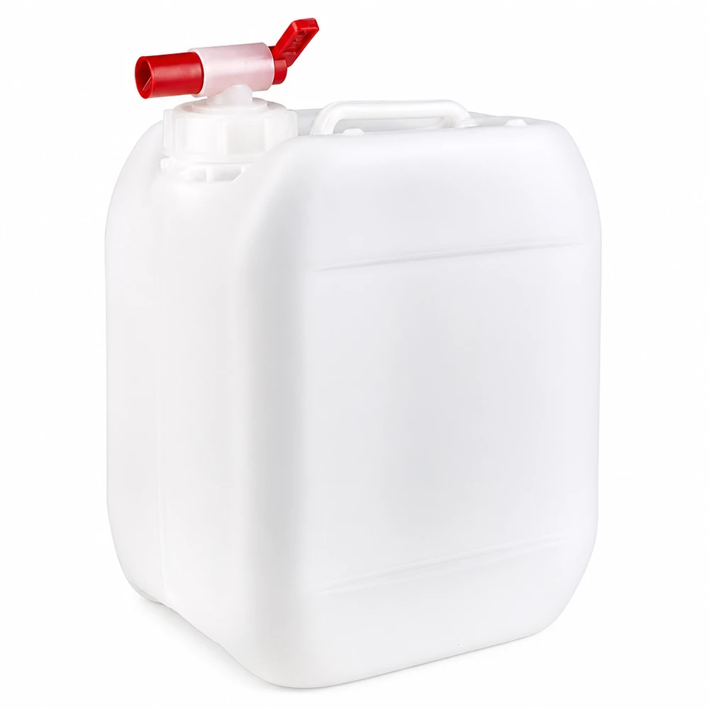 Vit 5-liters plastdunk med röd utloppskran av HDPE-plast