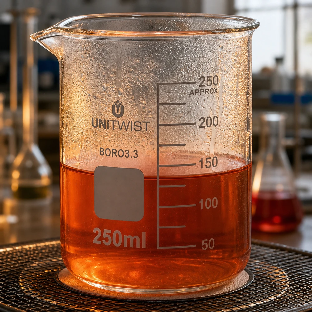 Bägare 250ml borosilikat, lågformad UNiTWIST UNiTWIST bägare, 250 ml, borosilikatglas, låg form, med orange vätska på laboratoriegaller
