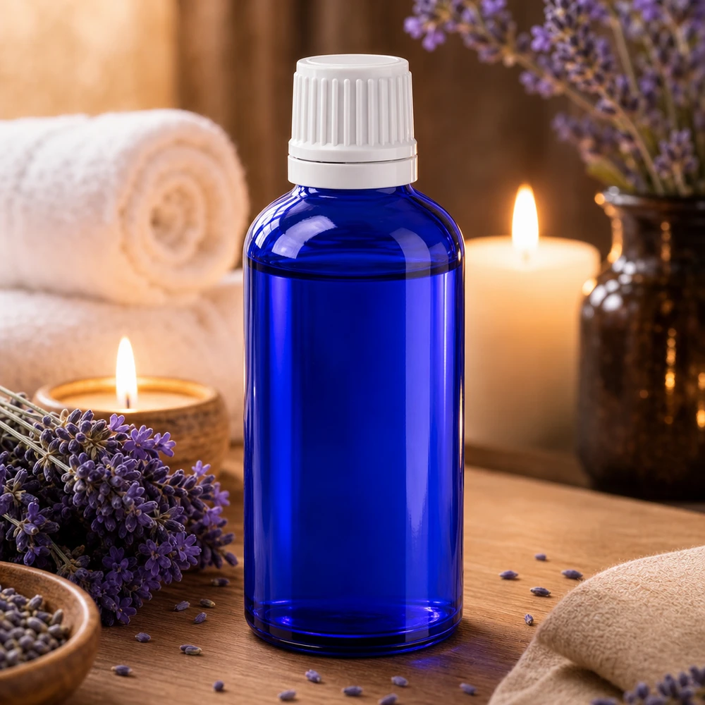 Blå 50 ml droppflaska av apotekerglas med vit originalförslutning för eteriska oljor