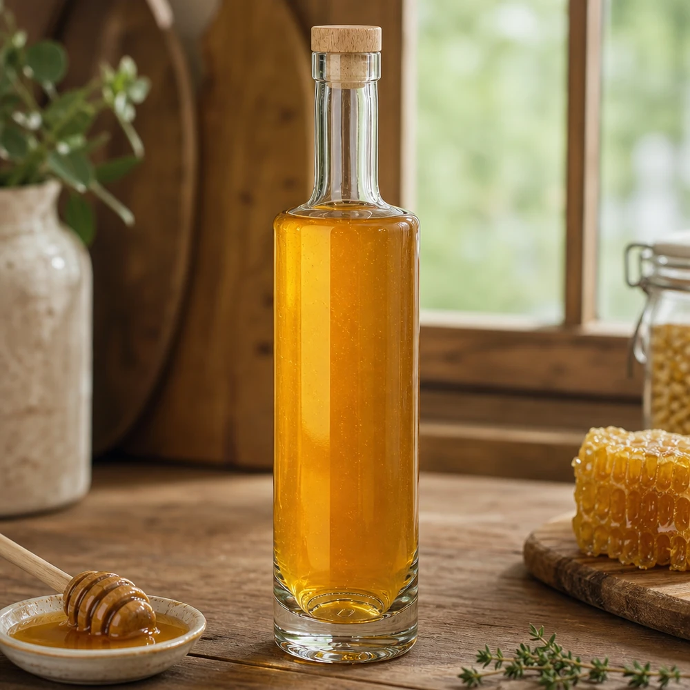 500 ml glasflaska Lina med kork med trähandtag UNiTWIST® 500ml Glasflasche Lina mit Holzkorken gefüllt mit Honig neben Bienenwabe rustikale Landküche natürliche Zutaten