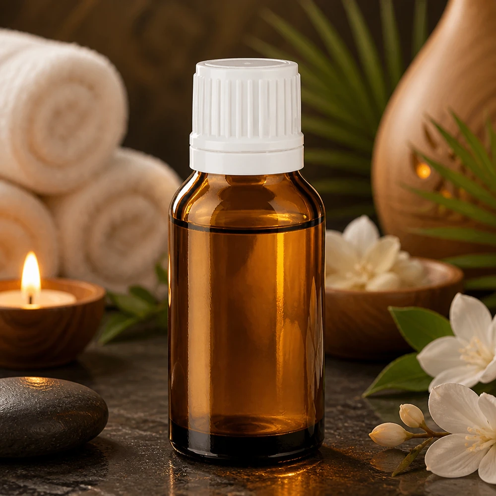 Apoteksflaska brun 15ml droppkork 1,2mm vit säkerhetsförslutning Brun droppflaska på 15 ml med vitt lock bland vita blommor och massagestenar på ett spa