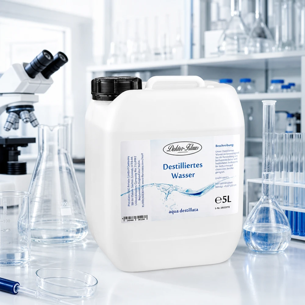 Destillerat vatten 5L Doktor-Klaus Doktor-Klaus destillerat vatten 5 liters dunk i steril laboratoriemiljö med mikroskop och glaskolv