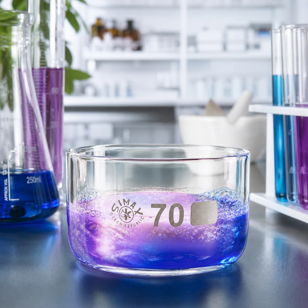 100ml kristalliseringsskål utan pip borosilikat ø70mm Simax kristalliseringsskål 100 ml med blå-lila reaktionslösning – sprudlande bubblor – laboration