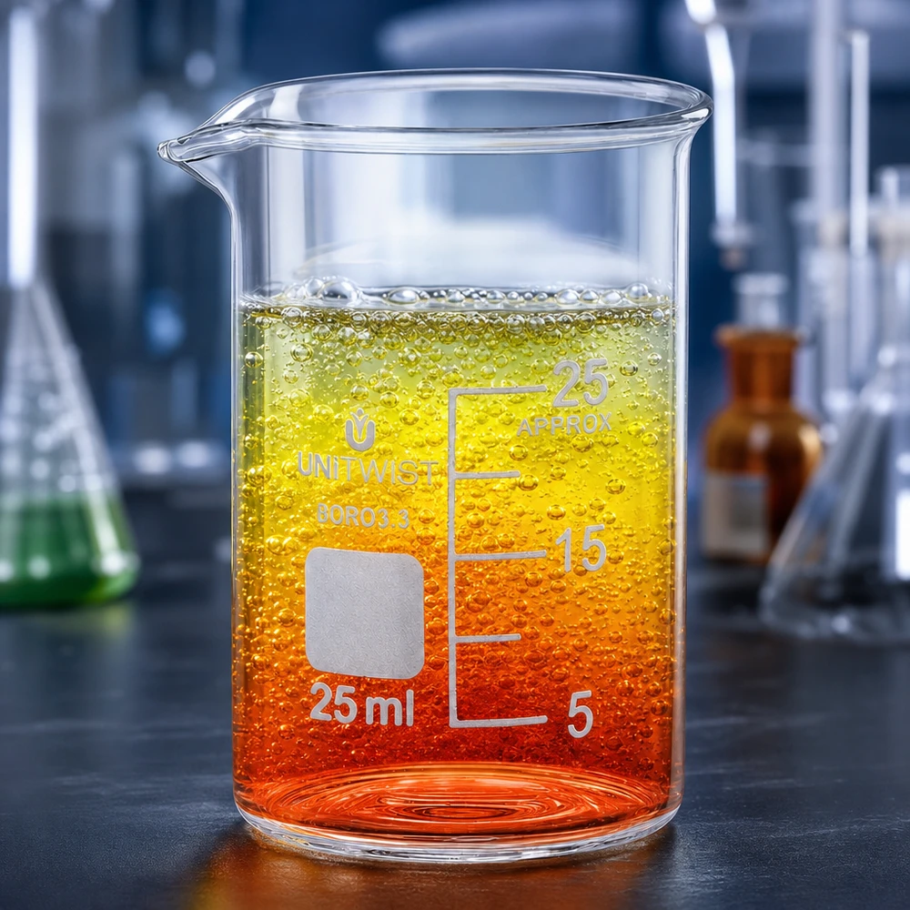Bägare 25ml borosilikat, lågformad UNiTWIST UNiTWIST 25 ml glasbägare i låg form med färgövergång i orange och gult samt bubblor