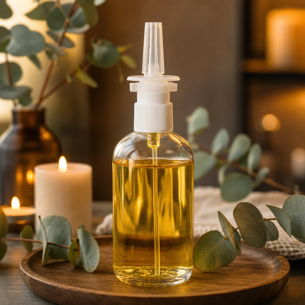 100 ml ClearLine-nässprayflaska på träbricka med eukalyptusgrenar och ljus