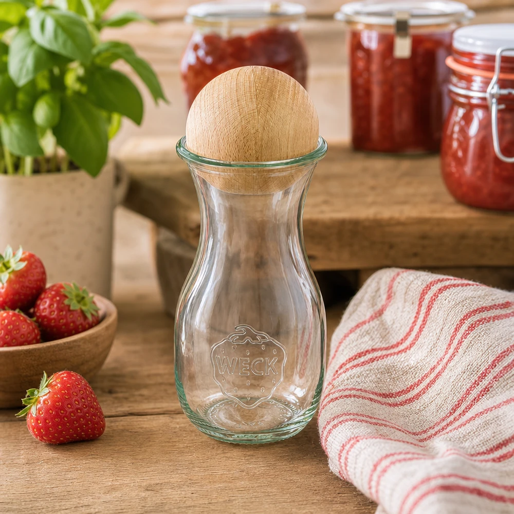 WECK glasflaska 290ml RR60 med kulpropp i bok i ett rustikt kök bredvid jordgubbar och syltburkar