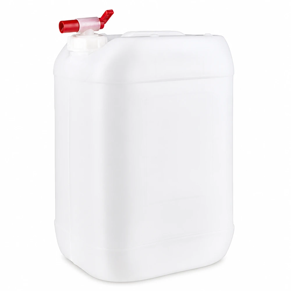 Vit plastdunk på 25 liter med röd utloppskran, tillverkad av HDPE-plast