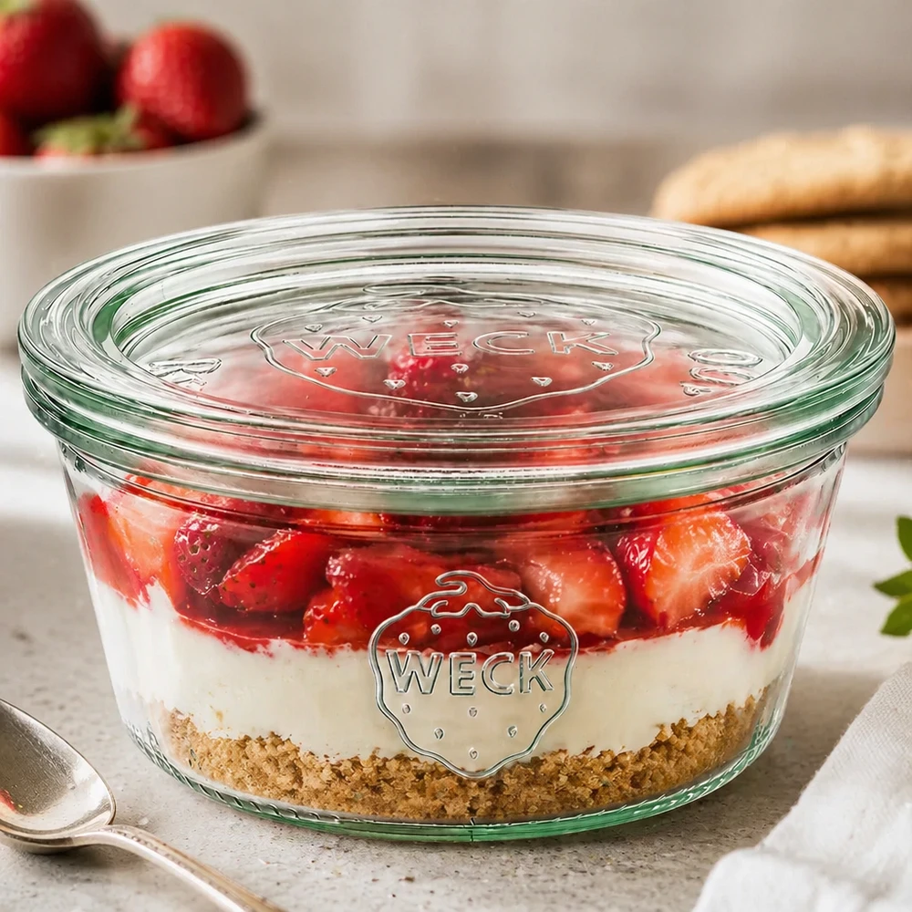 WECK tumlare 290ml RR100 fylld med jordgubbsskiktad dessert visar mångsidig användning som dessertburk med glaslock