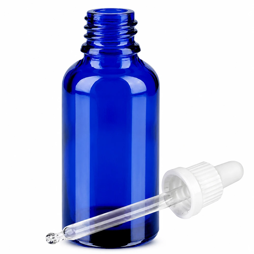 30 ml pipettflaska vit med säkerhetsförslutning BlueLine UT18/30 30 ml glasflaska med pipett för eteriska oljor BlueLine UT18 DIN18 gänga koboltblå