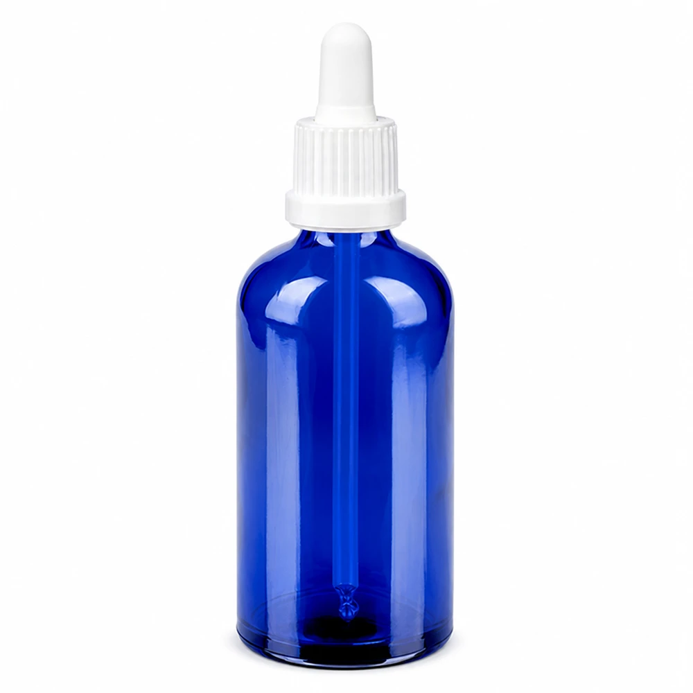 100 ml blå pipettflaska av glas med vit pipett för exakt dosering